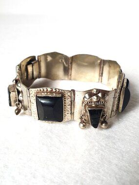 Vintage 1950s Mexico TAXCO Tribal Sterling Silver Black Onyx Panel Link Bracelet